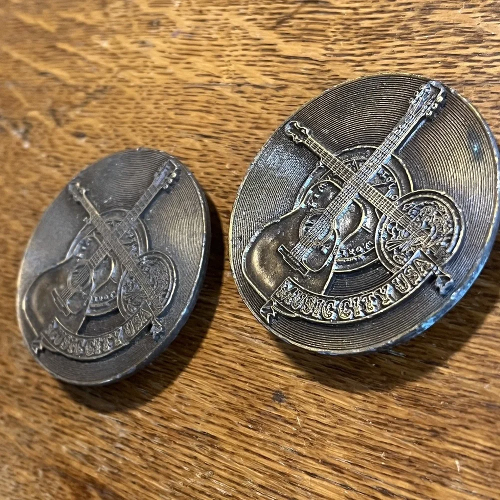 Lot of 2 VTG 1974 Bergamot Brass Belt Buckle-Jimm Watson-Guitar/Record/Banjo